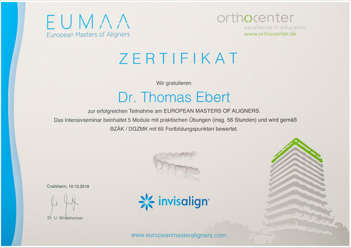 Zertifikat für Dr. Thomas Ebert, zur erfolgreichen Teilnahme am European Masters of Aligners.